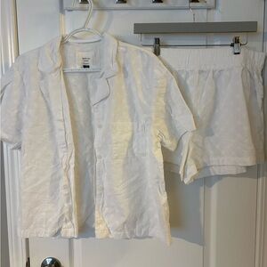 White Seersucker Short Sleeve Button Shirt & Shorts Lounge Set